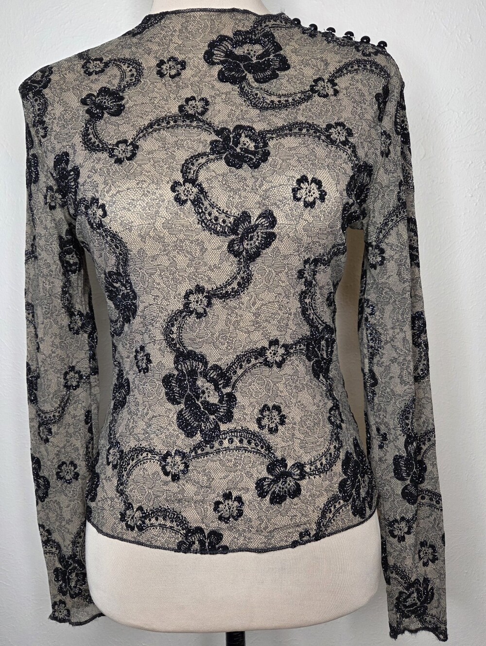 Vintage Newport News Whimsigoth Fairy Grunge Sheer Floral Lace Glitter Top Small